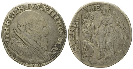 STATO PONTIFICIO. Roma. Gregorio XIII (1572 - 1585). Testone "San Pietro e angelo". Ag (9,58 g; 28,2 mm)