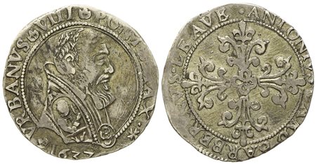 STATO PONTIFICIO. Avignone. Urbano VIII (1623 - 1644). Mezzo franco 1637. Ag (6,56 g; 27,8 mm)