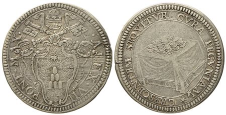 STATO PONTIFICIO. Roma. Alessandro VII (1655 - 1667). Giulio "Tavolo con cumulo di monete". Ag (3,14 g; 26,1 mm)