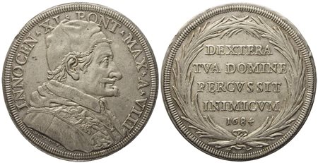 STATO PONTIFICIO. Roma. Innocenzo XI (1676-1689). Piastra 1684, anno VIII. Ag (31,84 g; 44,5 mm)