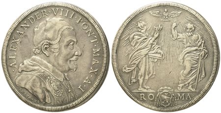 STATO PONTIFICIO. Roma. Alessandro VIII (1689 - 1691). Piastra, anno I "SS Pietro e Paolo". Ag (31,82 g; 44,7 mm)