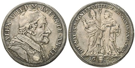 STATO PONTIFICIO. Roma. Alessandro VIII (1689 - 1691). Testone 1690 "SS Magno e Brunone". Ag (8,92 g; 32,2 mm)