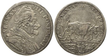 STATO PONTIFICIO. Roma. Alessandro VIII (1689 - 1691). Testone 1690 "Buoi con aratro". Ag (9,02 g; 32,3 mm)