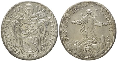 STATO PONTIFICIO. Roma. Alessandro VIII (1689 - 1691). Testone 1690 "San Brunone". Ag (9,05 g; 32,1 mm)