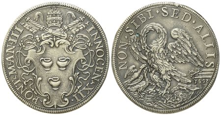 STATO PONTIFICIO. Roma. Innocenzo XII (1691 - 1700). Mezza piastra 1693 "Pellicano". Ag (15,96 g; 37,3 mm)