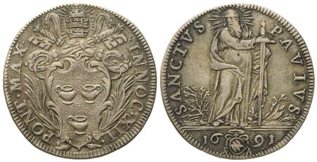 STATO PONTIFICIO. Roma. Innocenzo XII (1691 - 1700). Giulio 1691 "San Paolo". Ag (2,97 g; 25,2 mm)