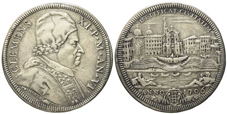 STATO PONTIFICIO. Roma. Clemente XI (1700 - 1721). Mezza piastra 1706 "Porto di Ripetta". Ag (15,79 g; 38,6 mm)