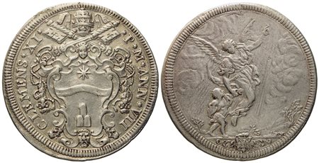 STATO PONTIFICIO. Roma. Clemente XI (1700 - 1721). Mezza piastra, anno VII "Tobia e l'angelo". Ag (15,81 g; 38,1 mm)