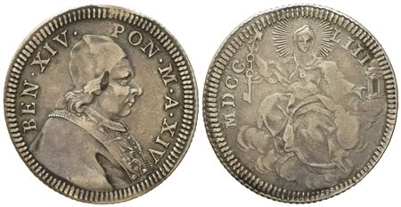 STATO PONTIFICIO. Roma. Benedetto XIV (1740 - 1758).  Doppio giulio 1753, anno XIV. Ag (g 5,15; mm 27,2).