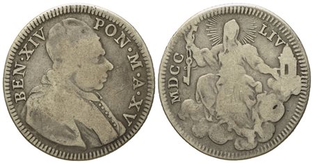 STATO PONTIFICIO. Roma. Benedetto XIV (1740 - 1758). Doppio giulio 1754, anno XV. Ag (g 4,97; mm 26,3).