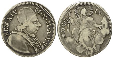 STATO PONTIFICIO. Roma. Benedetto XIV (1740 - 1758). Doppio giulio 1755, anno XV. Ag (g 5,12; mm 26).