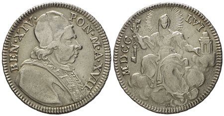 STATO PONTIFICIO. Roma. Benedetto XIV (1740 - 1758). Doppio giulio 1756, anno XVII. Ag (g 5,20; mm 26).