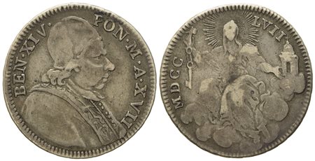 STATO PONTIFICIO. Roma. Benedetto XIV (1740 - 1758). Doppio giulio 1757, anno XVII "Tempio con crocetta". Ag (g 5,11; mm 26).