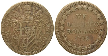 STATO PONTIFICIO. Roma. Clemente XIII (1758 - 1769). Baiocco 1758. Cu (g 10,45; mm 32,4).