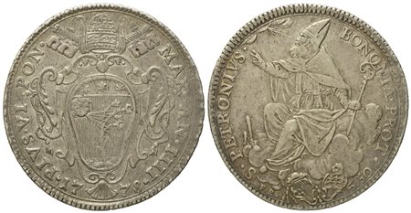 STATO PONTIFICIO. Bologna. Pio VI (1775 - 1799). Mezzo scudo romano 1778, anno IIII. Ag (13,36 g; 35,4 mm)