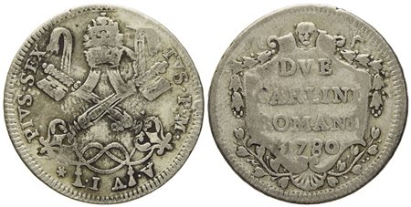 STATO PONTIFICIO. Roma. Pio VI (1775 - 1799). 2 carlini romani 1780, anno VI. Mi (g 5,42; mm 27,9).