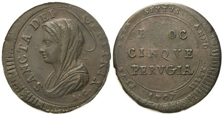 STATO PONTIFICIO. Perugia. Pio VI (1775 - 1799). 5 baiocchi 1797. Inc. "A.C.". Cu (13,01 g; 31,16 mm).