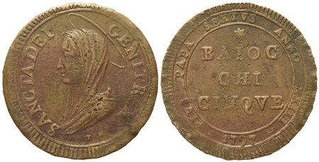 STATO PONTIFICIO. Roma. Pio VI (1775 - 1799). 5 baiocchi 1797, anno XXIII. Cu (g 18,97; mm 32,5).