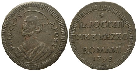 STATO PONTIFICIO. Roma. Pio VI (1775 - 1799). Due baiocchi e mezzo 1795 "princeps Apost". Cu (g 17,47; mm 30,5).