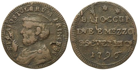 STATO PONTIFICIO. San Severino. Pio VI (1775 - 1799). 2 baiocchi e mezzo 1797.  Cu (16,03 g; 29,29 mm).