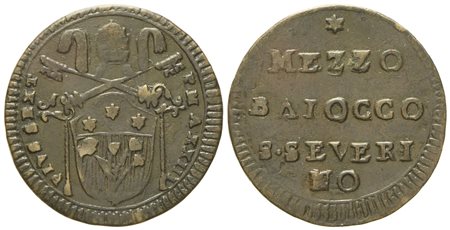 STATO PONTIFICIO. San Severino. Pio VI (1775 - 1799). Mezzo baiocco 1797, anno XXIII. Cu (g 3,65; mm 24).