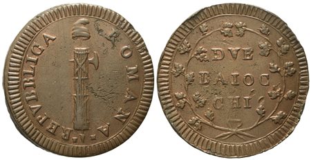 ROMA. Prima Repubblica Romana (1798 - 1799). 2 Baiocchi, senza data (6° tipo; sigle T.M.). Cu (17,22 g; 35,9 mm)