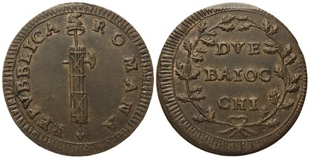 ROMA. Prima Repubblica Romana (1798-1799). 2 baiocchi senza data. Cu (g 18,34; mm 35).