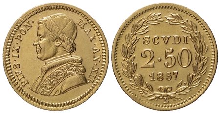 STATO PONTIFICIO. Roma. Pio IX (1846 - 1870). 2,50 scudi 1857 anno XII. Au (4,38 g; 18,5 mm)