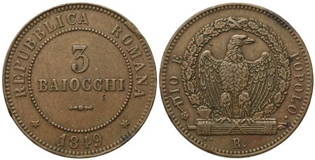 ROMA. Seconda Repubblica Romana (1848-1849). 3 baiocchi 1849. Cu (g 25,45; mm 37,2).