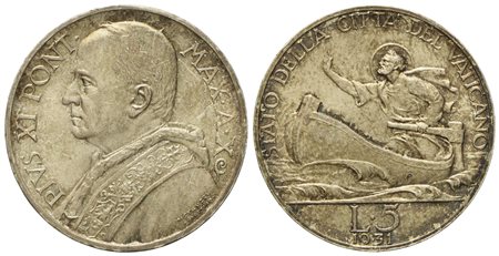 VATICANO. Pio XI (1929-1938). 5 lire 1931 anno X. Ag (5,04 g; 22,9 mm)