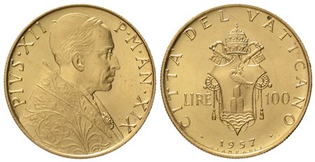 VATICANO. Pio XII (1939-1958). 100 lire 1957. Au (5,23 g; 20,6 mm)