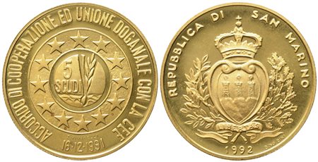 SAN MARINO. 5 scudi 1992. Au 916,66 (16,96 g)