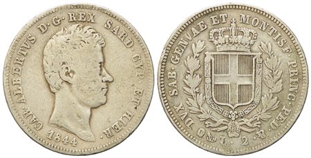 REGNO DI SARDEGNA. Genova. Carlo Alberto (1831-1849). 2 lire 1844. Ag (9,80 g; 26,5 mm)