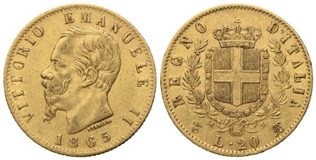 REGNO D'ITALIA. Torino. Vittorio Emanuele II (1861 - 1878). 20 lire 1865. Au (20,8 mm; 6,45 g)