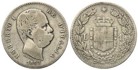 REGNO D'ITALIA. Umberto I (1878-1900). 1 Lira 1892. Ag (4,83 g; 22,8 mm)