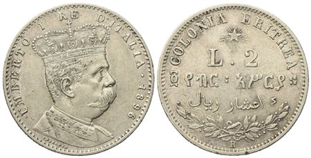 REGNO D'ITALIA. Colonia Eritrea. Umberto I (1890-1896). 2 Lire - 4/10 Tallero 1896. Ag (10 g; 27,2 mm)