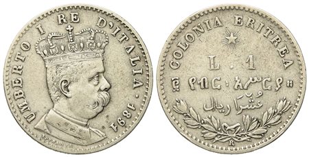 REGNO D'ITALIA. Colonia Eritrea. Umberto I (1890-1896). 1 Lira - 2/10 Tallero 1891. Ag (4,87 g; 23 mm)