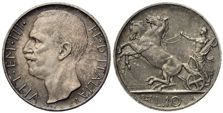 REGNO D'ITALIA. Vittorio Emanuele III (1900-1943). 10 lire "biga" 1927 due rosette. Ag (10 g; 26,8 mm)