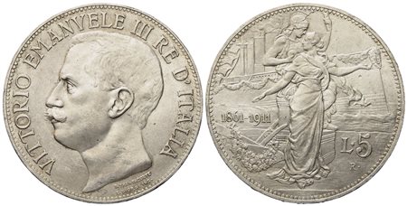 REGNO D'ITALIA. Vittorio Emanuele III (1900-1943). 5 Lire 1911 "Cinquantenario". Ag (24,98 g; 36,9 mm)