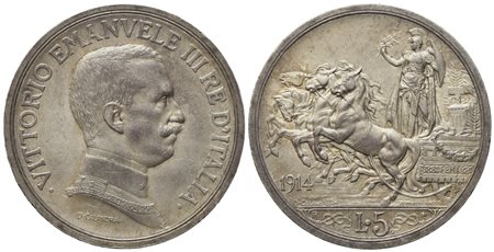 REGNO D'ITALIA. Vittorio Emanuele III (1900 - 1943). 5 lire 1914 "Quadriga briosa" Ag (24,97 g; 36,9 mm)