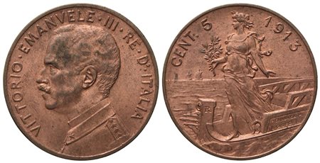 REGNO D'ITALIA. Vittorio Emanuele III (1900 - 1943). 5 centesimi 1913 "Italia su prora". Cu (4,99 g; 24,7 mm)