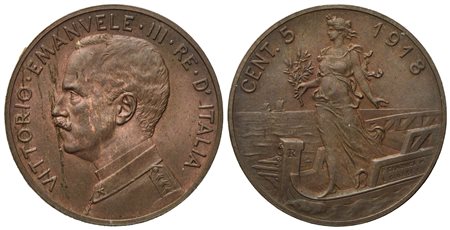 REGNO D'ITALIA. Vittorio Emanuele III (1900-1946). 5 Centesimi 1918. Cu (5,15 g; 24,7 mm)