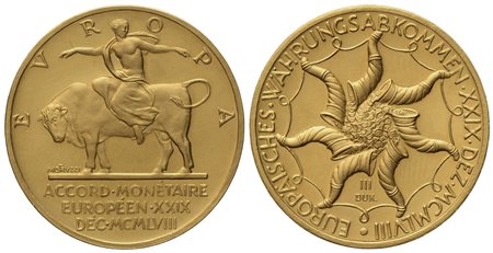 ITALIA. Medaglia "3 Ducati". Accordo Monetario Europeo 1958. Opus: Mistruzzi. Au (10,49 g; 25 mm)