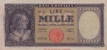 REPUBBLICA ITALIANA. 1000 Lire "Italia - Testina" (1947). Serie sostitutiva "W"