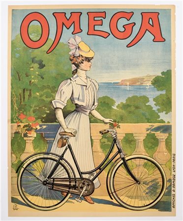 Cicli "Omega". Poster originale con monogramma LB. Circa 1910. Manifesti A.Ramb