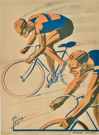 Il duello in pista. Poster originale firmato Pellos. Periodo 1940 circa. Prodot