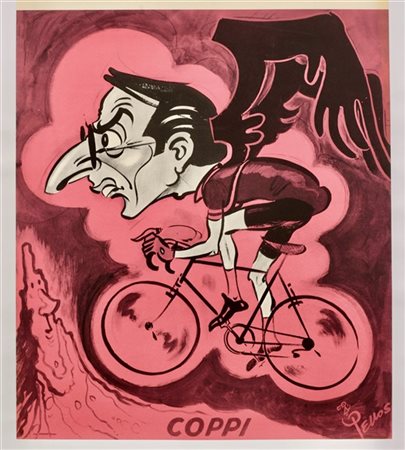 Fausto COPPI. Poster illustrato da Pellos per la marca Esso. Prodotto nel 1966.