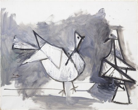 Pablo Picasso Malaga 1881 - Mougins 1973 Deux pigeons, 1960 Olio su tela, cm....