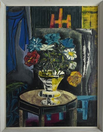 Ignoto VASO DI FIORI, 1960 tecnica mista su tela, cm 70x50 firma e data