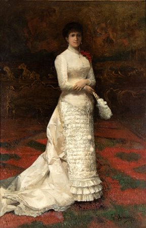 GUSTAVO SIMONI (Roma 1845-Palestrina 1926), Ritratto femminile in abito elegante, Fine 1800